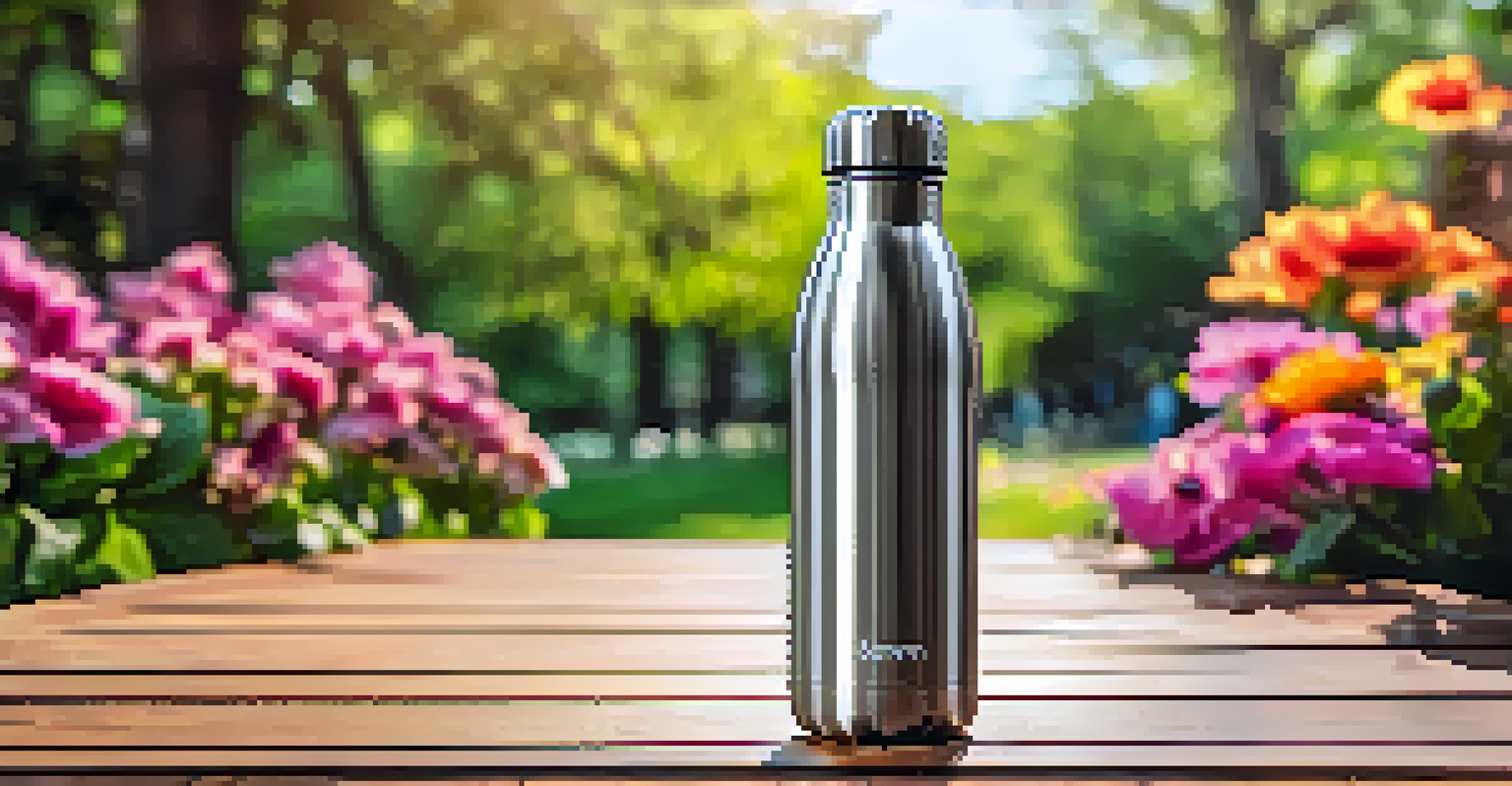 A stainless steel reusable water bottle sits on a wooden picnic table surrounded by colorful flowers and greenery in a sunny park.
