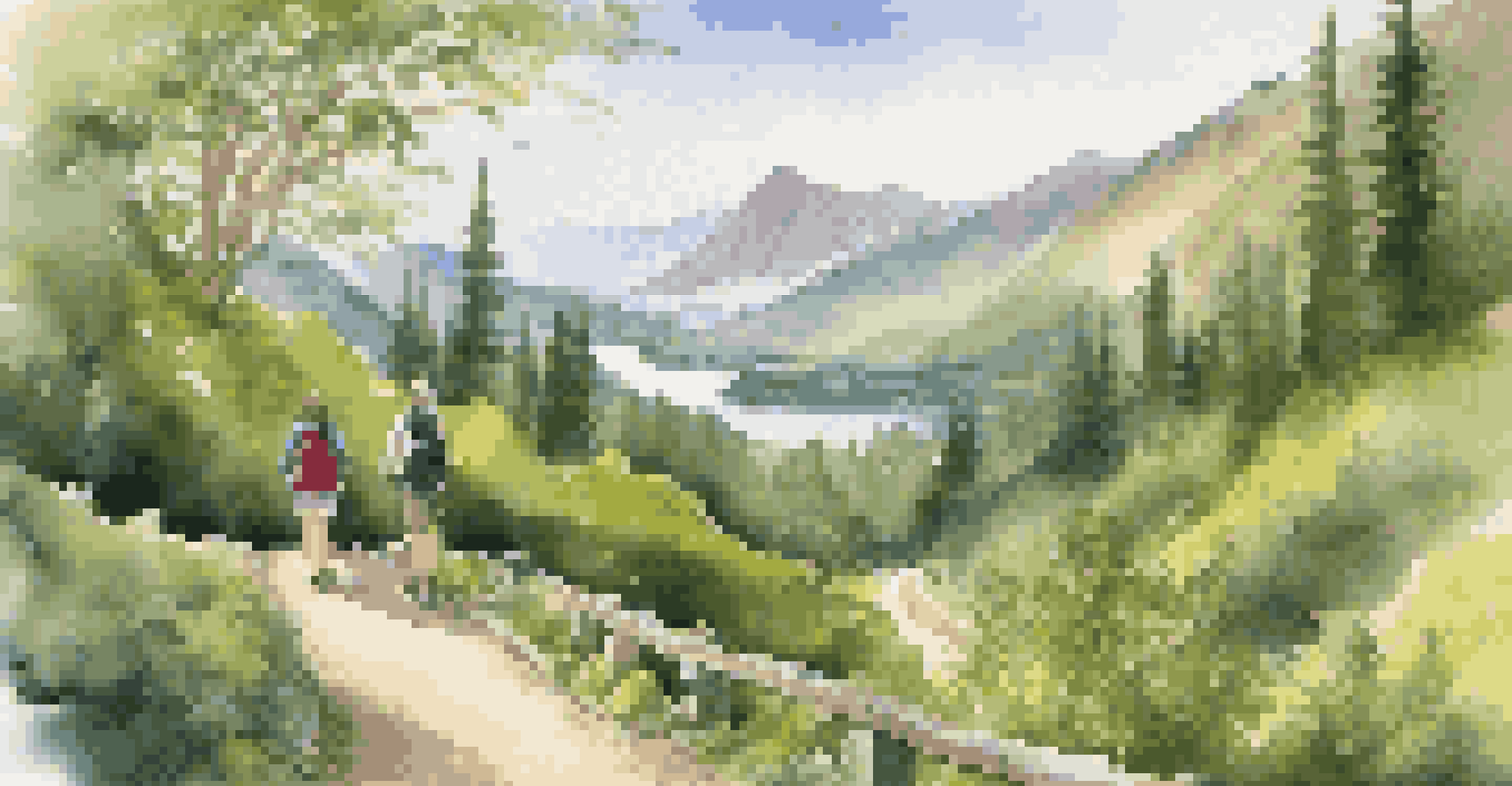 A couple on a wheelchair-friendly hiking trail, surrounded by mountains and greenery, enjoying the scenic view.