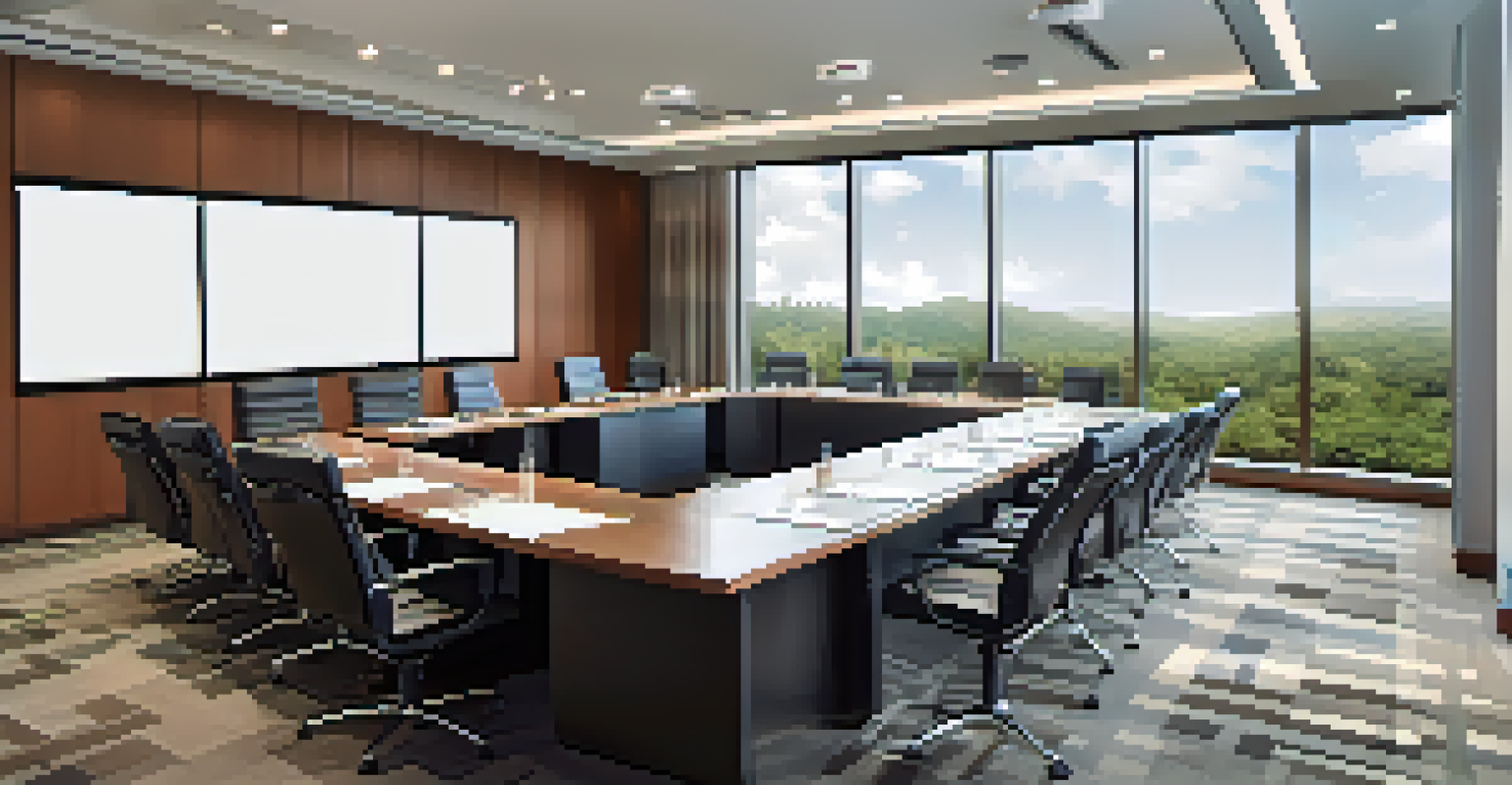 A stylish conference room set up for a corporate retreat, featuring a large table and a projector screen.