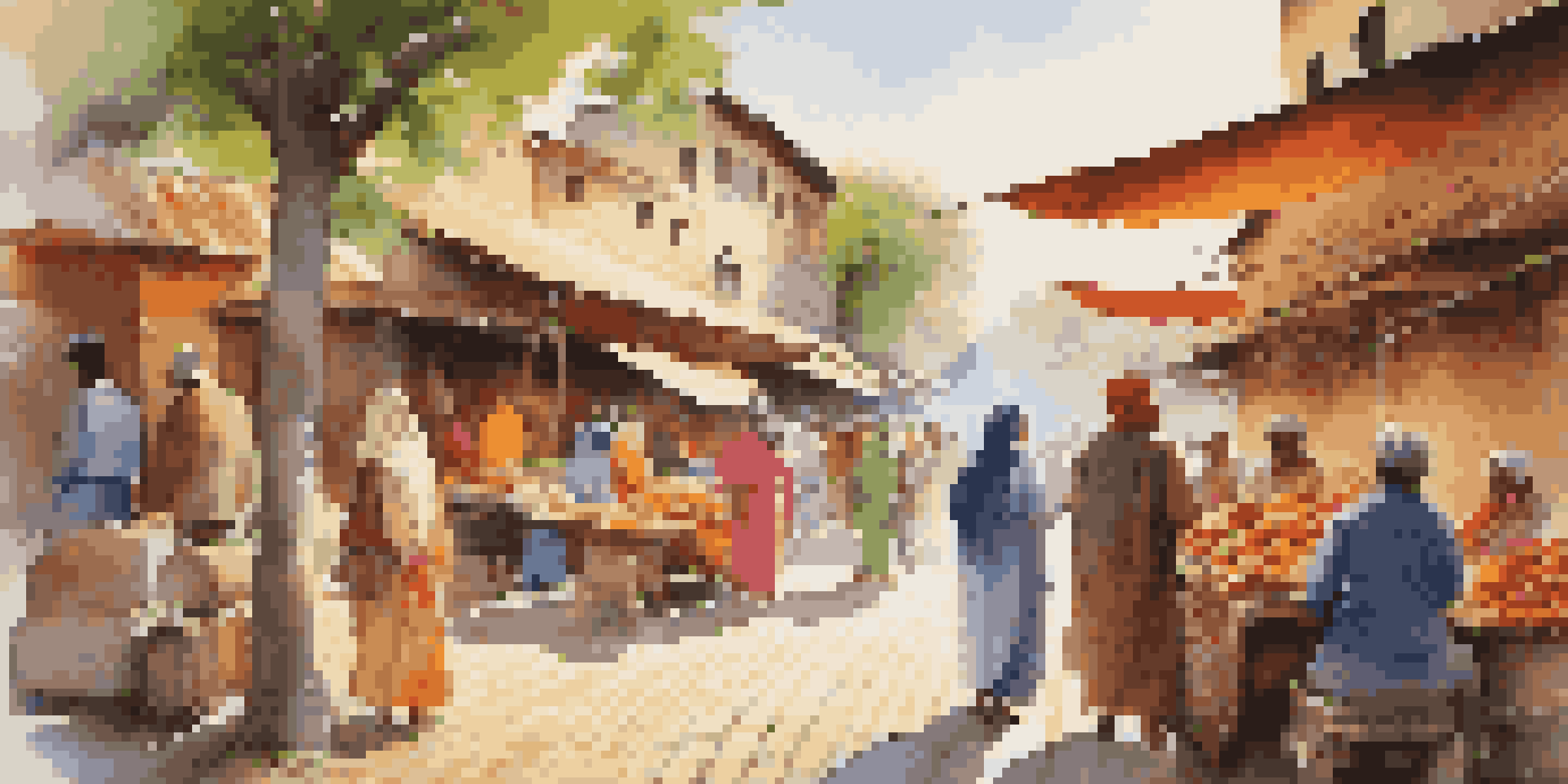 A diverse group of travelers interacting with local artisans in a colorful market filled with handmade crafts and traditional garments.