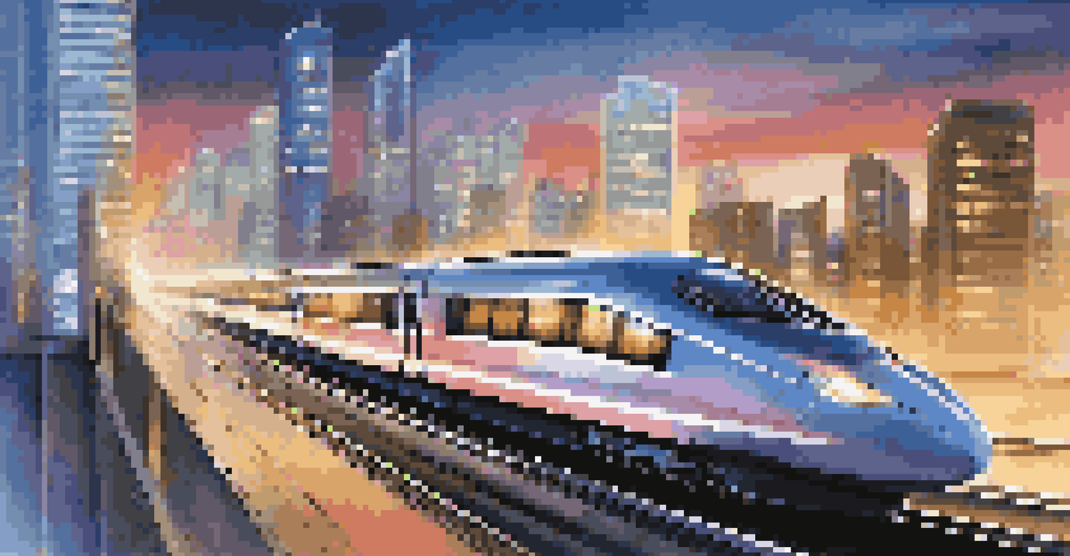 A modern high-speed train moving swiftly through a city at dusk, with illuminated skyscrapers and motion blur illustrating speed.