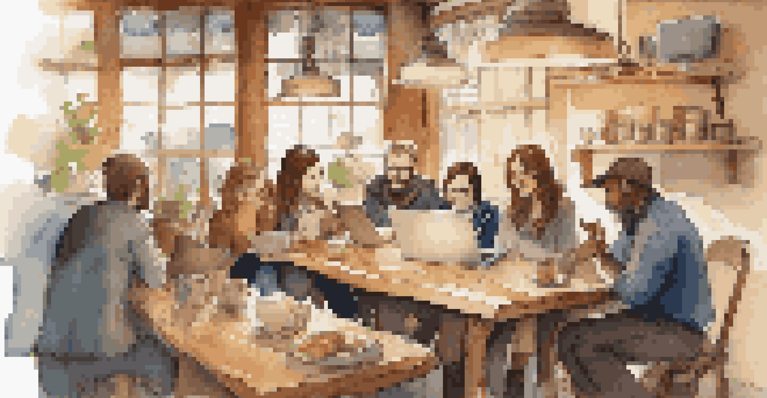 A group of travelers in a café discussing safety plans with a laptop and travel maps on the table, surrounded by warm lighting.