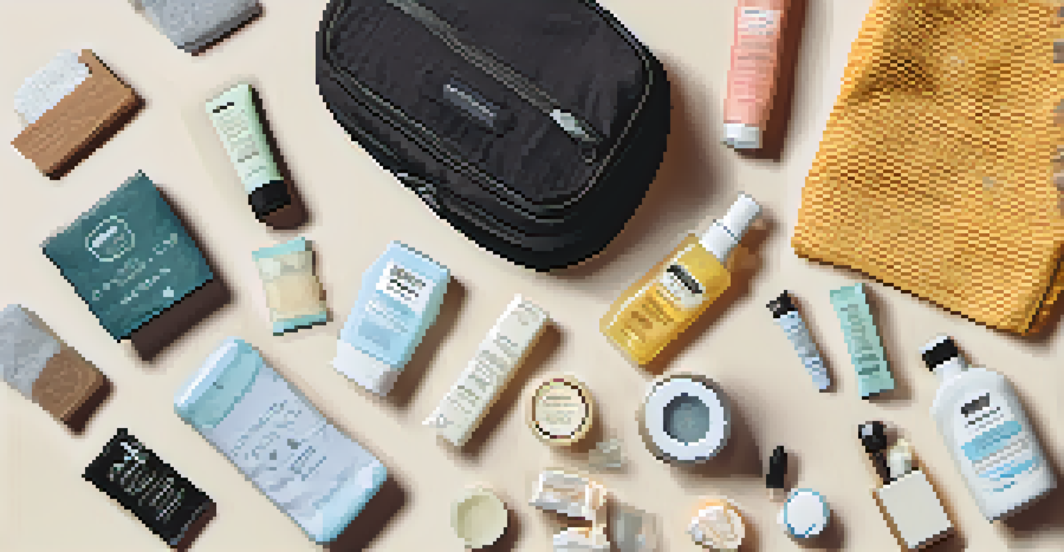 An overhead view of a toiletries packing list with solid toiletries and a pen on a textured fabric background.