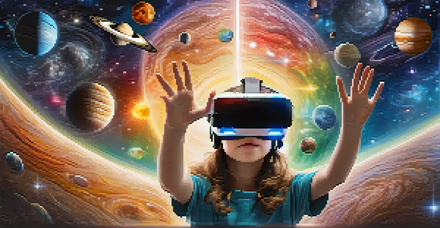 A student wearing a virtual reality headset, exploring a colorful depiction of the solar system.
