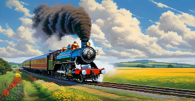 A vintage steam locomotive traveling through a lush green countryside, surrounded by wildflowers and under a bright blue sky.