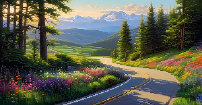 A winding road surrounded by green hills and colorful flowers, with mountains in the background under a warm sunlight.