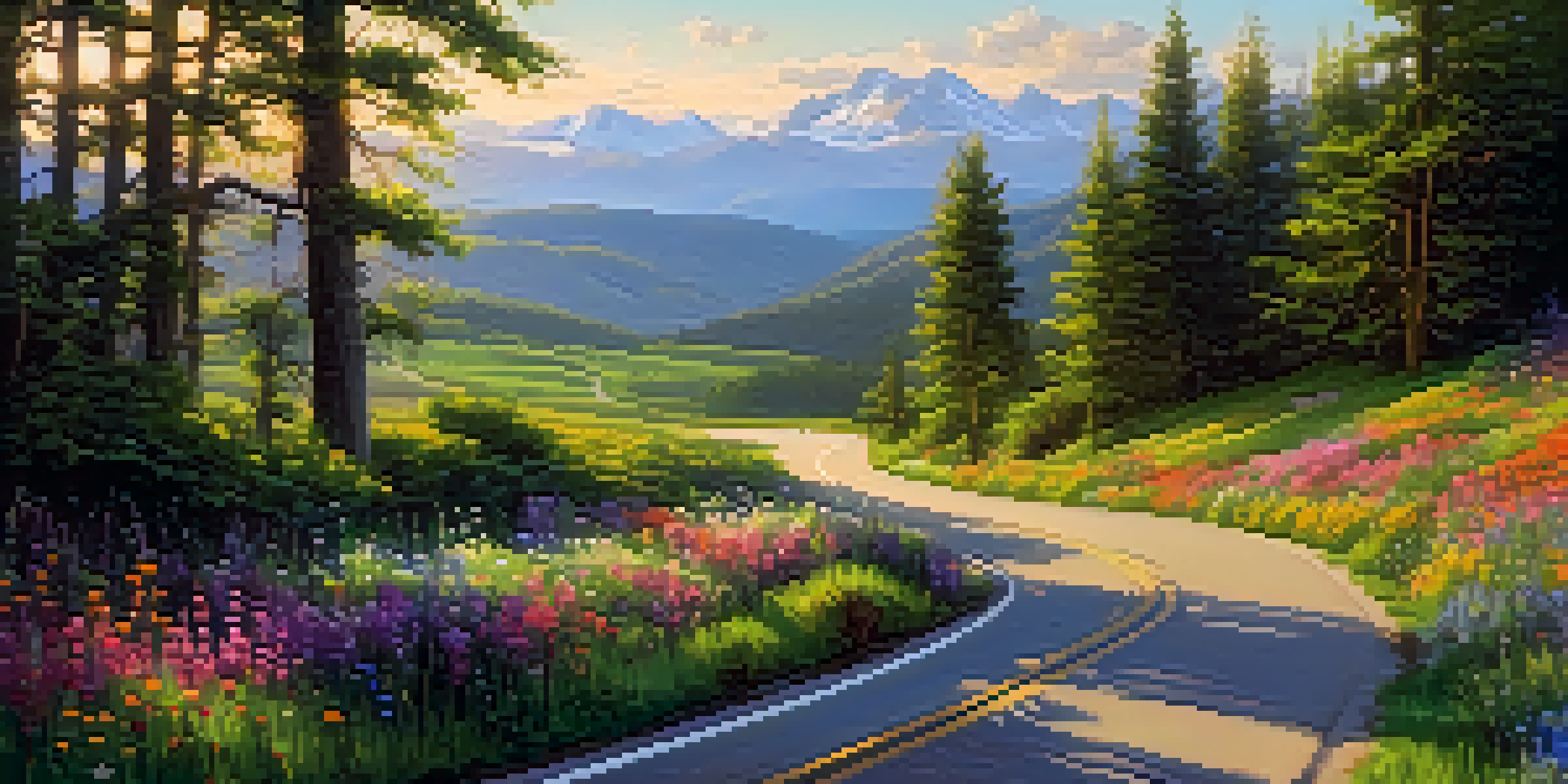 A winding road surrounded by green hills and colorful flowers, with mountains in the background under a warm sunlight.