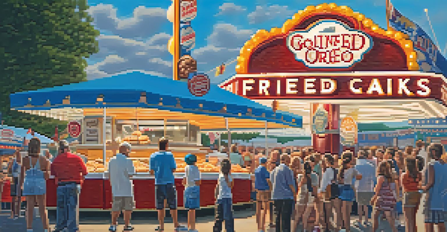 A tempting display of deep-fried treats at a state fair, with people in line and warm lighting highlighting the golden textures of the food.