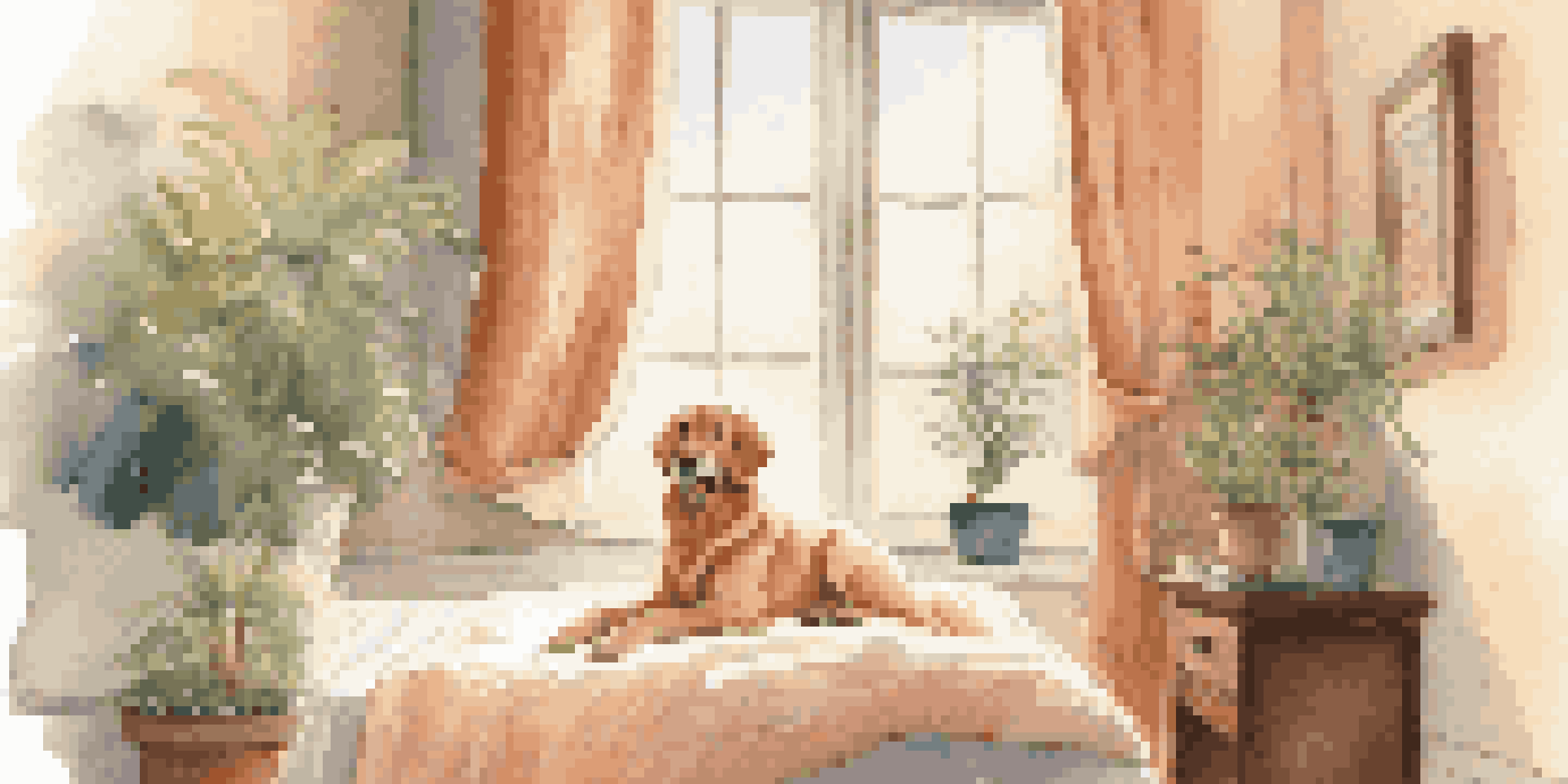 A cozy hotel room with a golden retriever on the bed and a tabby cat peeking from behind curtains, illuminated by sunlight.