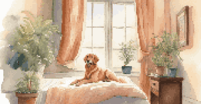 A cozy hotel room with a golden retriever on the bed and a tabby cat peeking from behind curtains, illuminated by sunlight.
