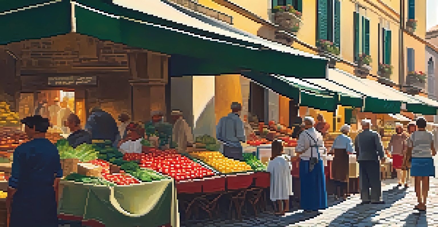 A lively market in an Italian city filled with colorful stalls and people enjoying the atmosphere.