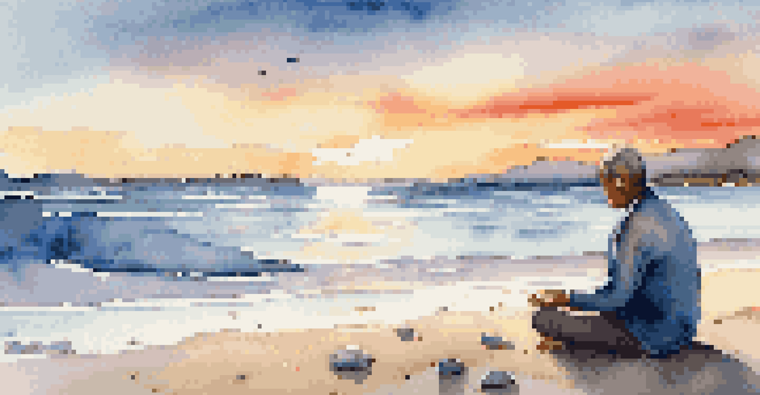 A person meditating on a beach at sunset, surrounded by colorful skies and gentle waves.