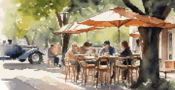 A stylish camera bag on a wooden table at an outdoor café, with soft sunlight filtering through trees and blurred people in the background.