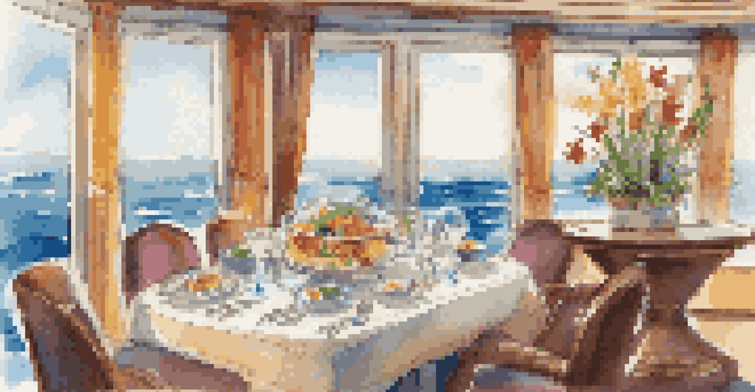 A pet-friendly dining area on a cruise ship, showcasing a table set with meals for both owner and pet, with ocean views through large windows.