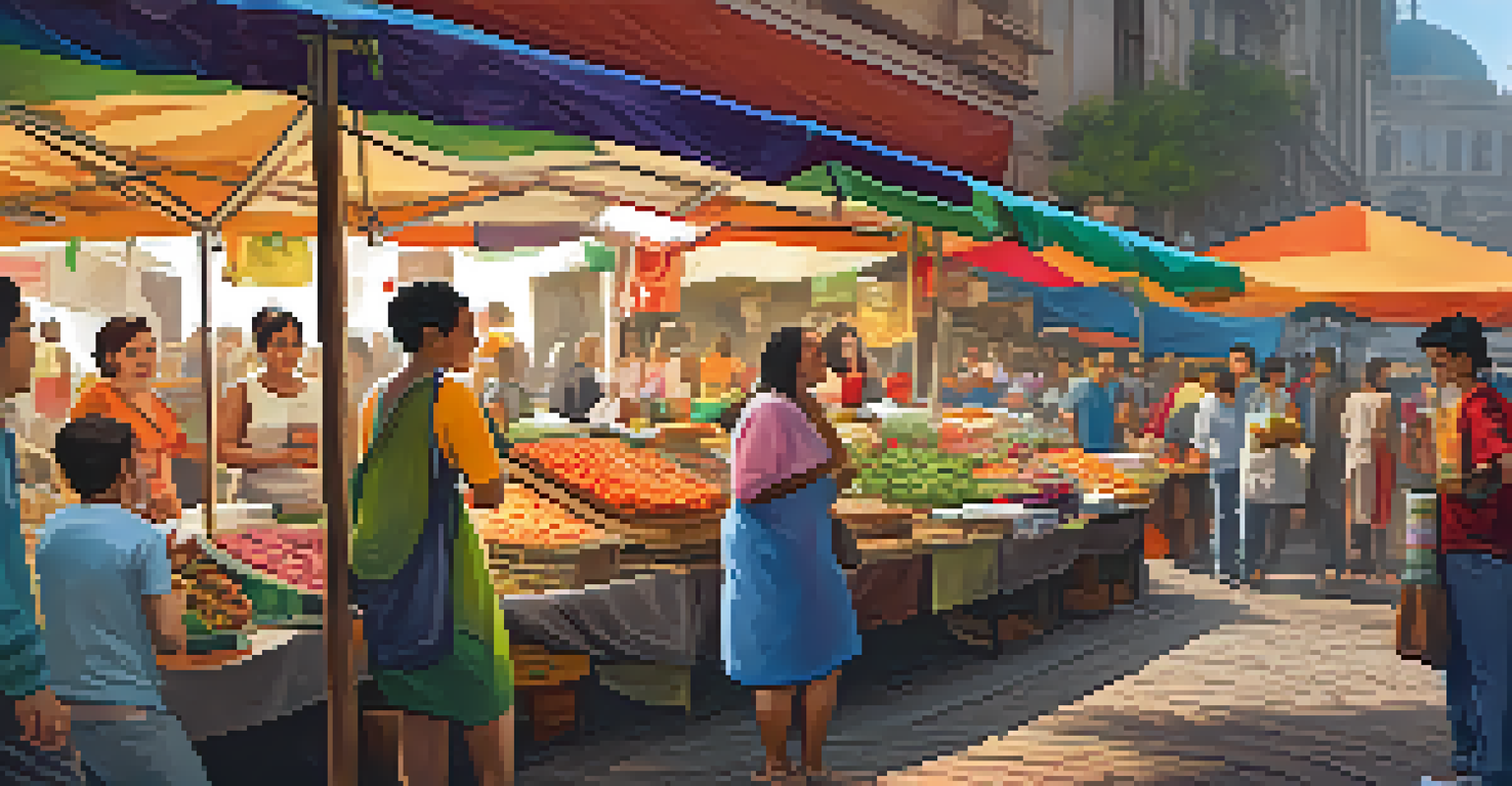 A solo traveler enjoying street food at a vibrant local market, surrounded by colorful stalls and lively atmosphere.
