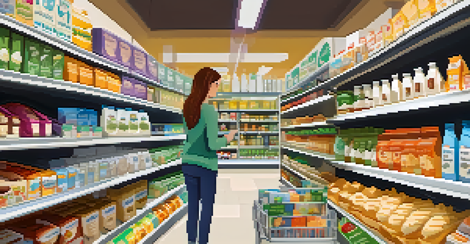 A grocery store aisle filled with various lactose-free products like almond milk and coconut yogurt, with a shopper looking at the items.