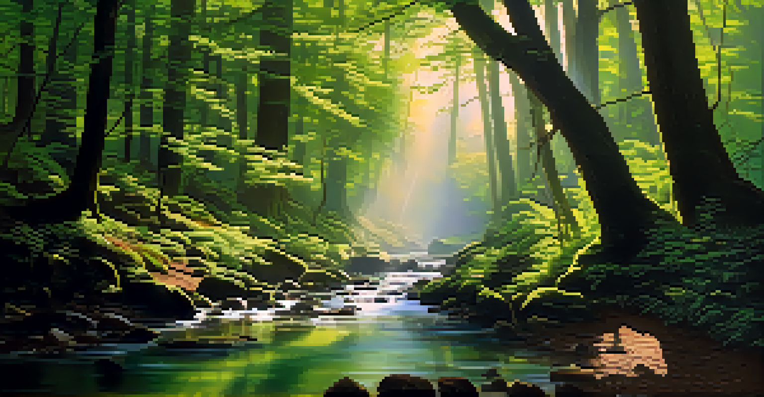 A peaceful forest scene with tall trees, a flowing stream, and mountains in the background bathed in soft sunlight.