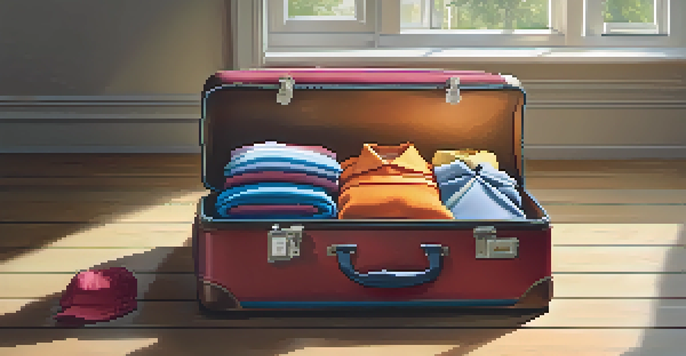 A neatly organized suitcase with colorful packing cubes and clothing inside, illuminated by sunlight.