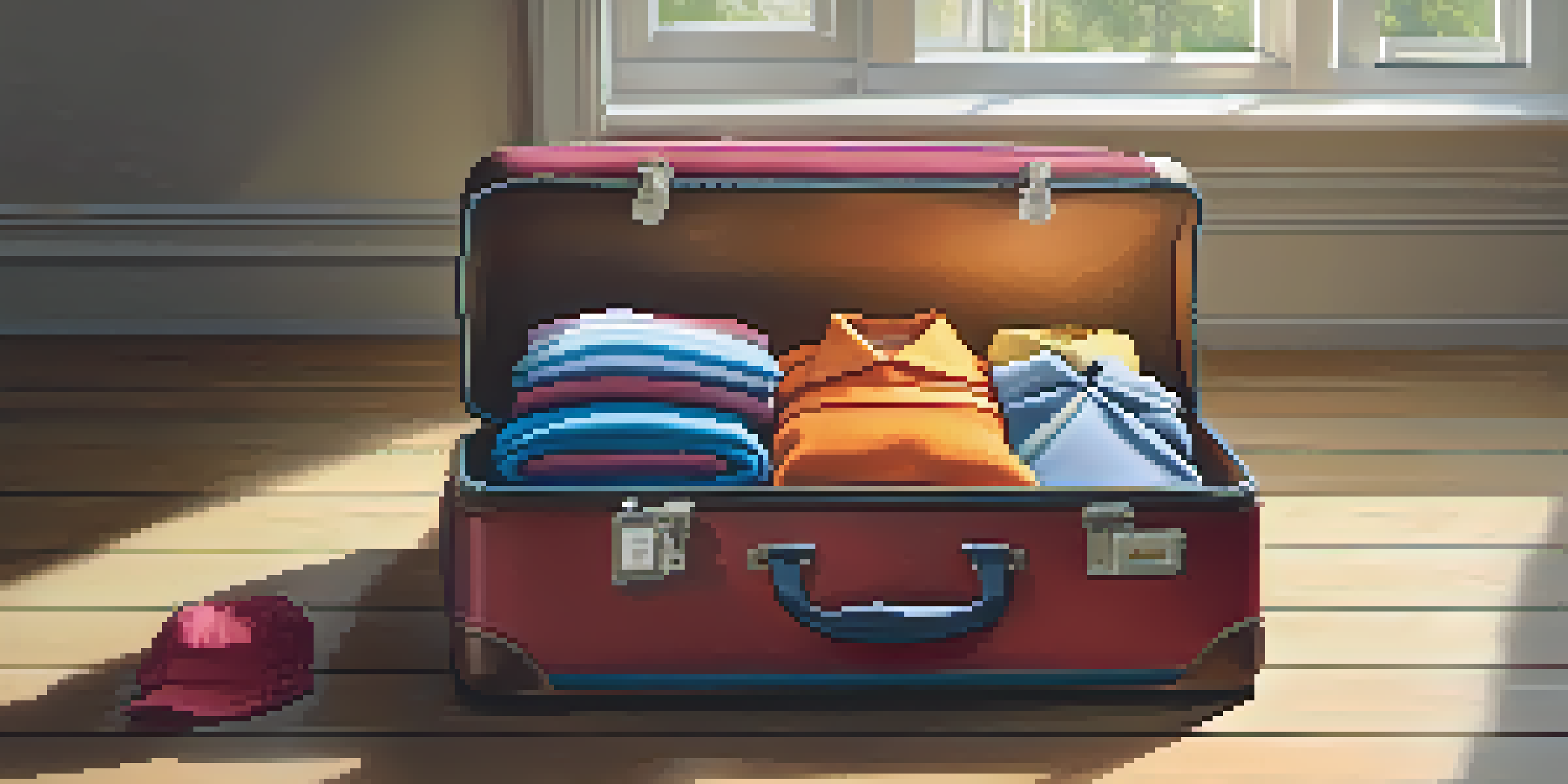 A neatly organized suitcase with colorful packing cubes and clothing inside, illuminated by sunlight.