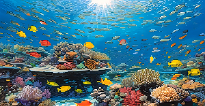 A beautiful underwater scene of the Great Barrier Reef with colorful corals and fish swimming in clear blue water.