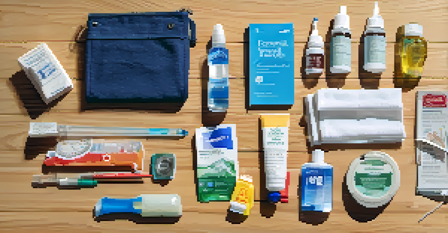 An organized flat lay of essential travel supplies including a mask, hand sanitizer, and a thermometer on a wooden surface.