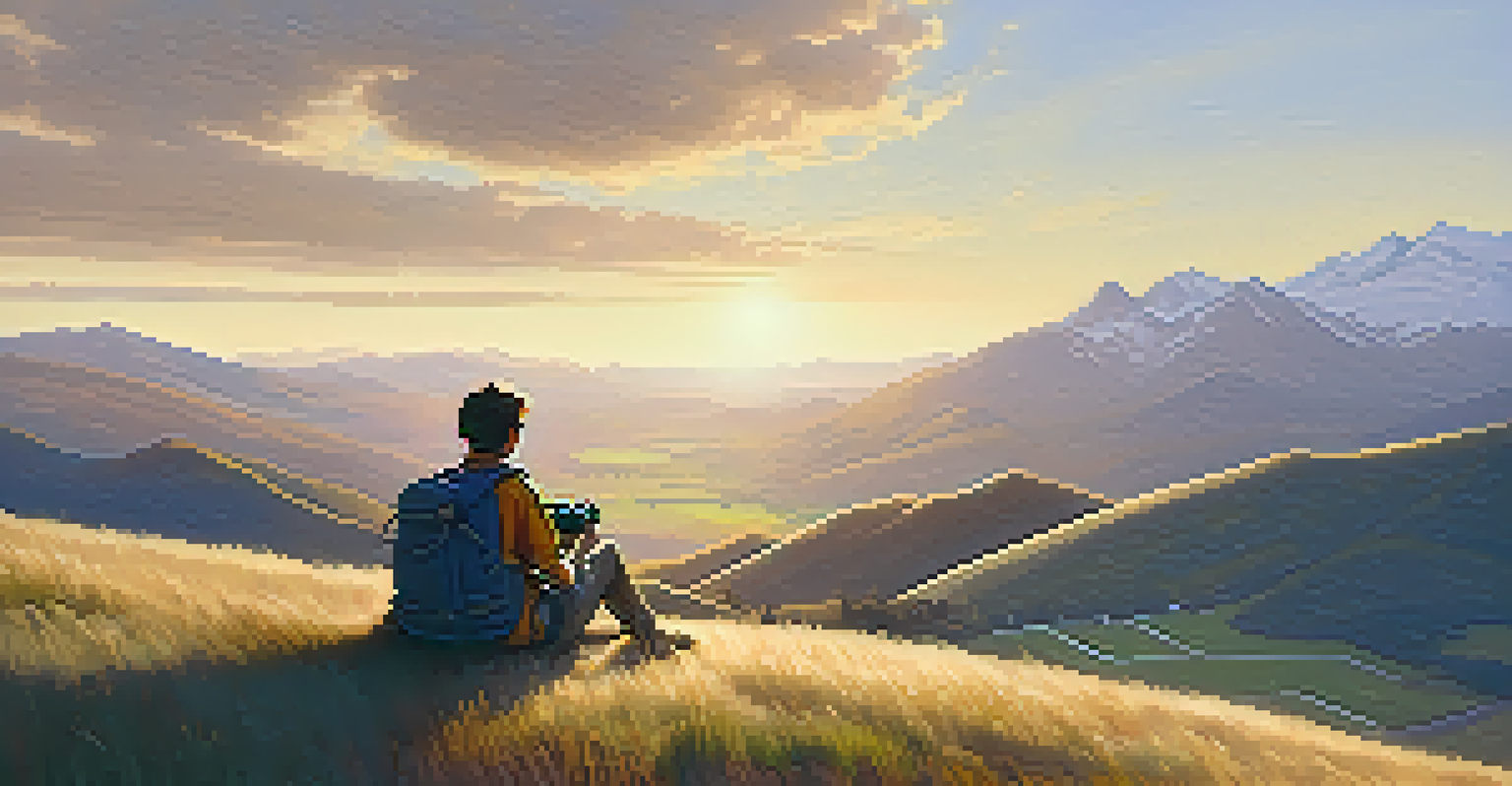 A traveler sitting on a hill with a small backpack, enjoying a scenic view of mountains.