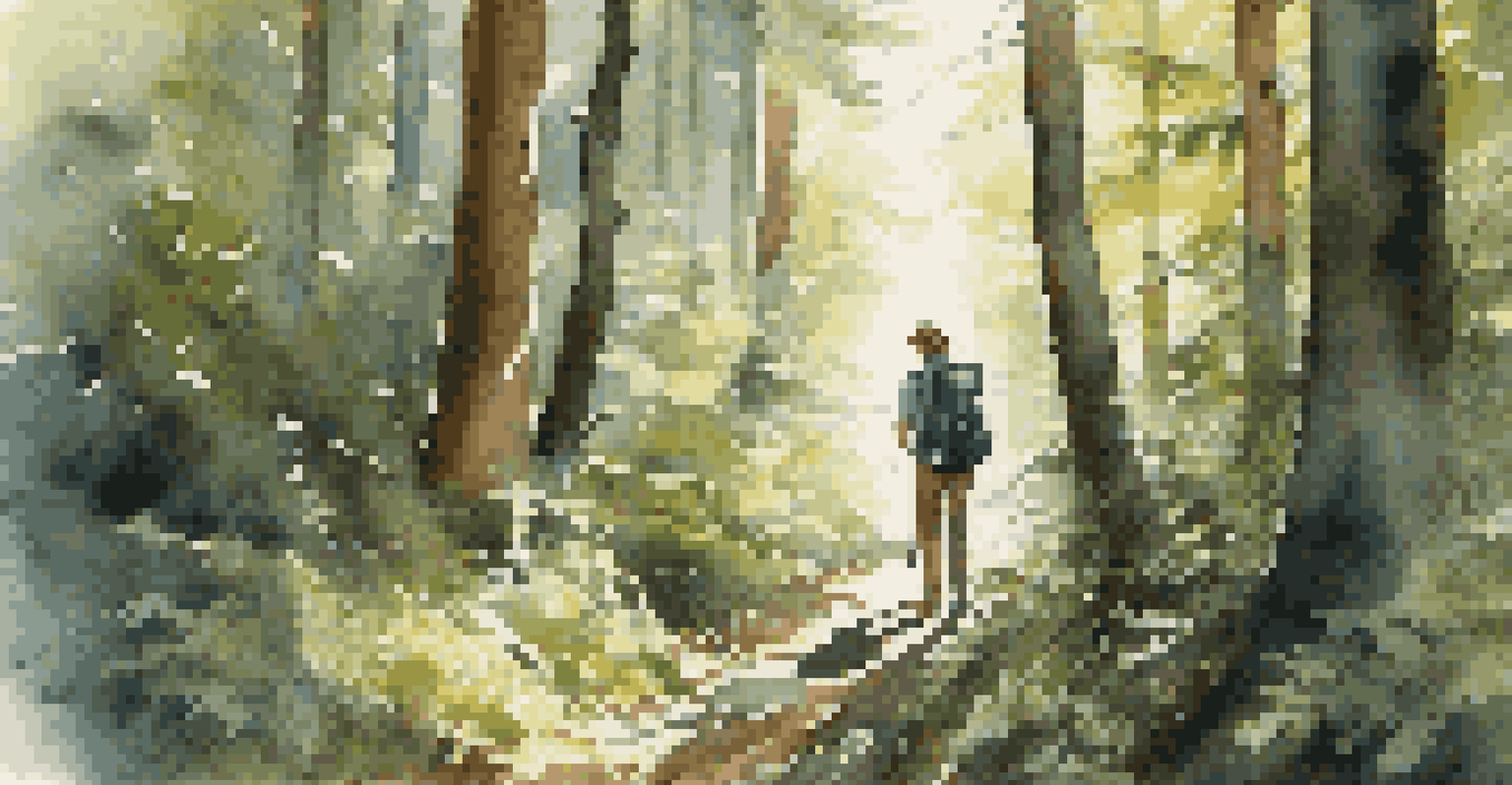 A traveler using a gimbal in a forest to capture a shot of wildlife, with sunlight filtering through the trees.