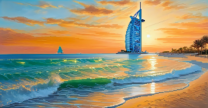 The Burj Al Arab hotel in Dubai during sunset, with a beach and yachts in the foreground.