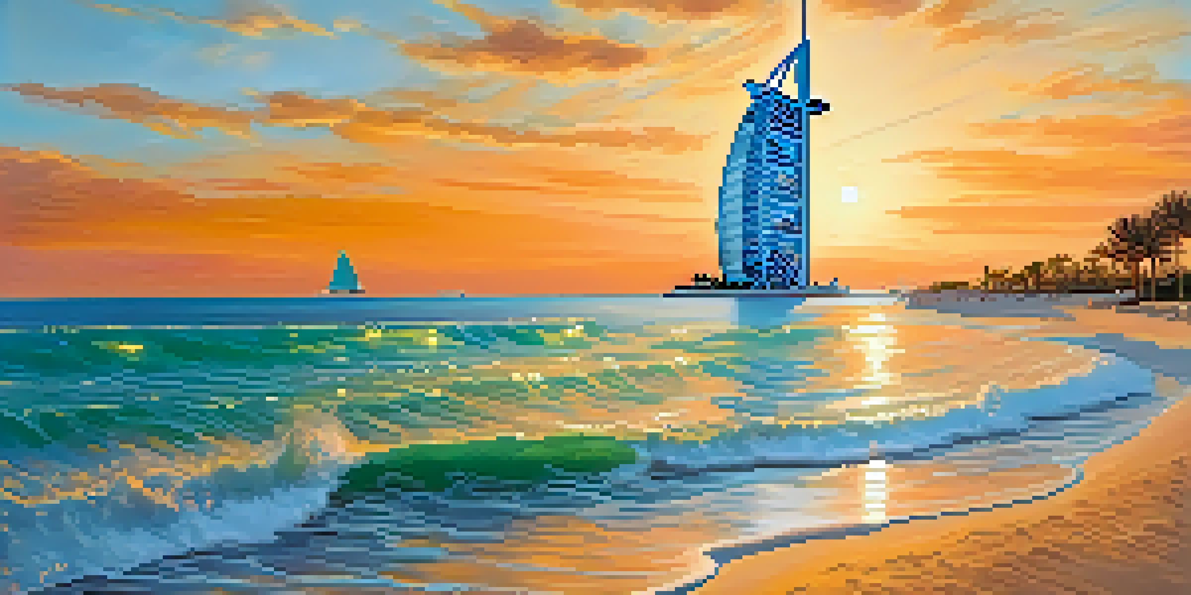The Burj Al Arab hotel in Dubai during sunset, with a beach and yachts in the foreground.