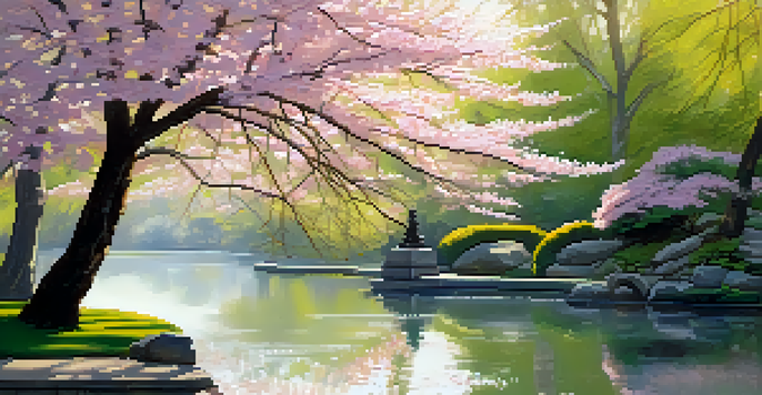 A tranquil pond surrounded by blooming cherry blossoms in the Brooklyn Botanic Garden, with sunlight filtering through the flowers.