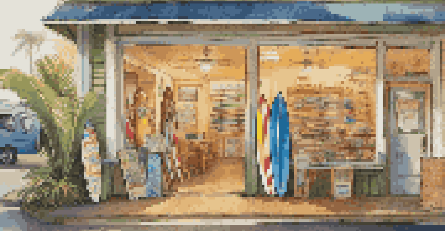 A surfboard rental shop filled with various surfboards and friendly staff assisting customers in a sunlit environment.