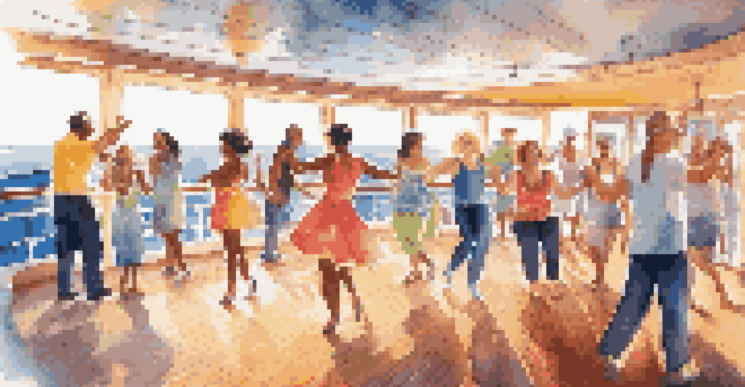 Solo travelers enjoying a dance class on a cruise ship deck, surrounded by ocean views.