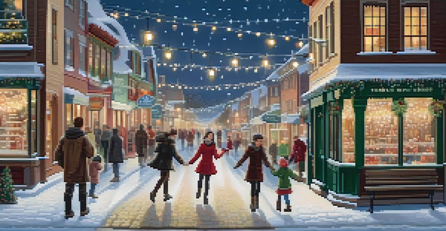 A charming winter village street with couples walking and enjoying festive decorations and snowfall.