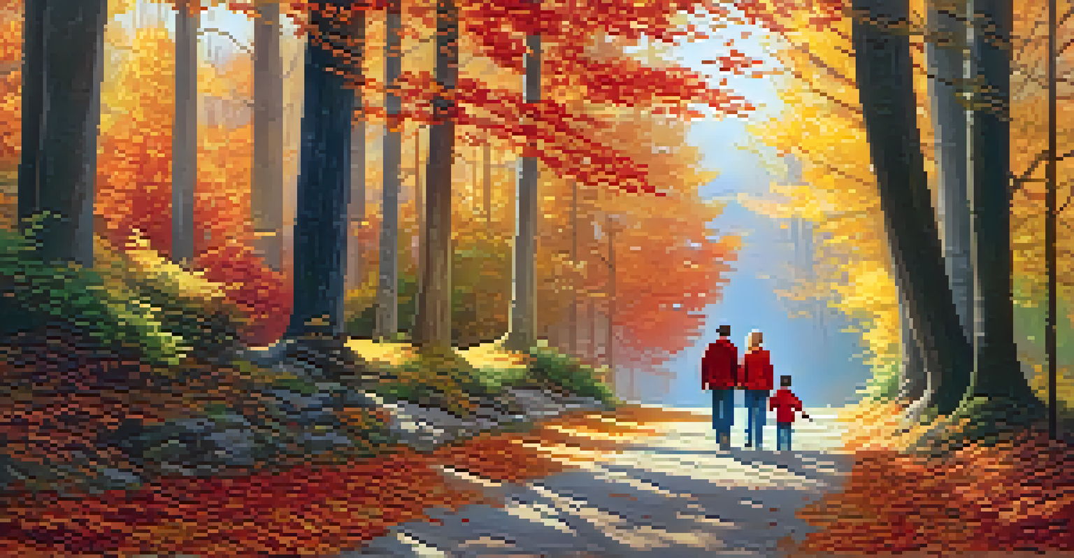 A family walking on an autumn forest path, surrounded by colorful fall foliage under warm sunlight.