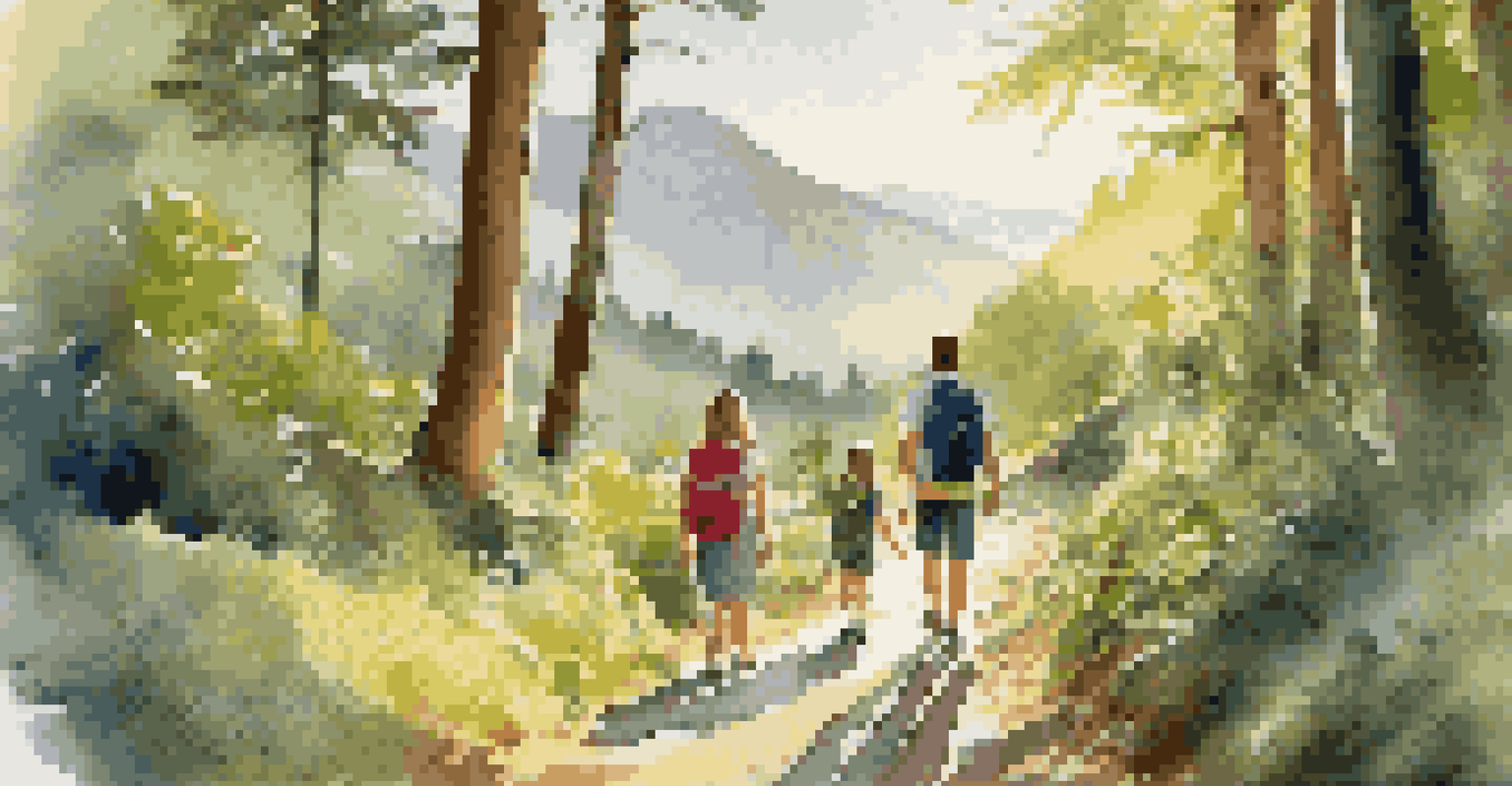 A family hiking on a scenic trail with lush greenery and mountains, enjoying nature with smiles and backpacks.