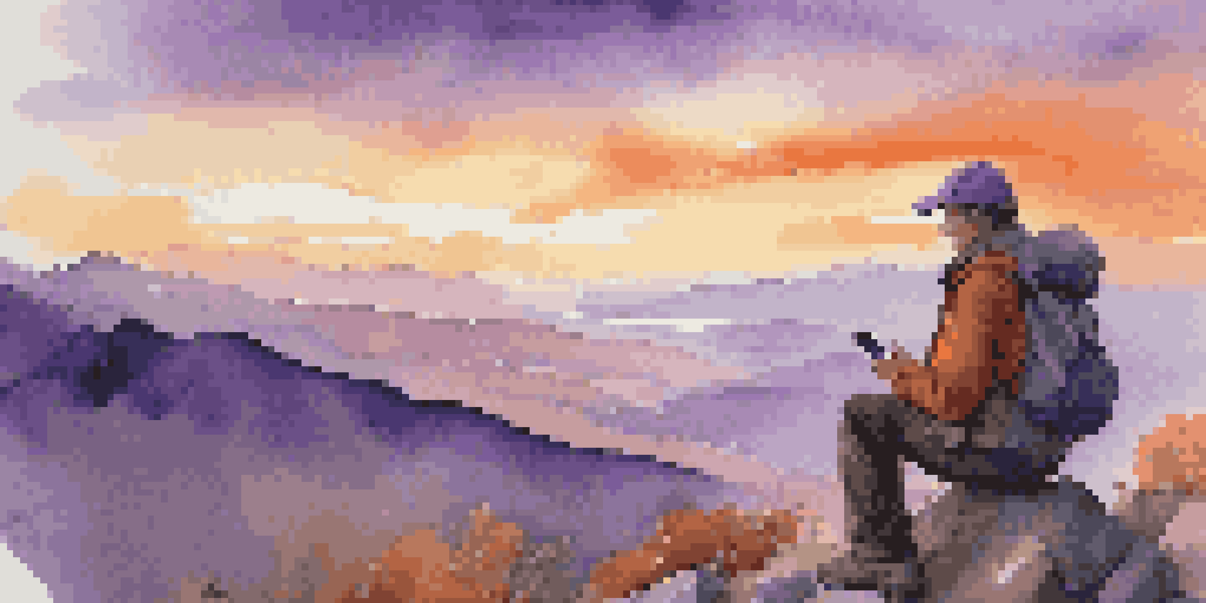 A traveler on a mountain peak using a smartphone to check alerts during sunset, with vibrant sky colors and rugged terrain.