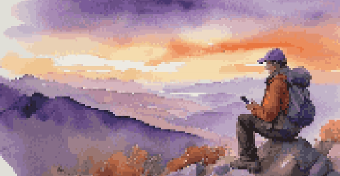 A traveler on a mountain peak using a smartphone to check alerts during sunset, with vibrant sky colors and rugged terrain.