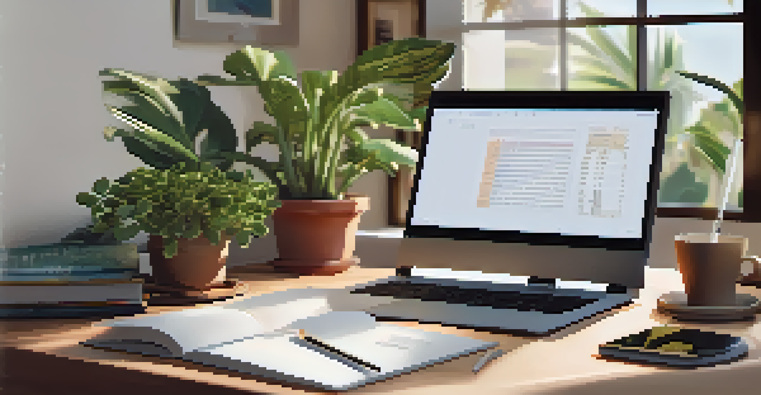 A remote work desk with a laptop and notepad, set against a soft-focus travel destination background.
