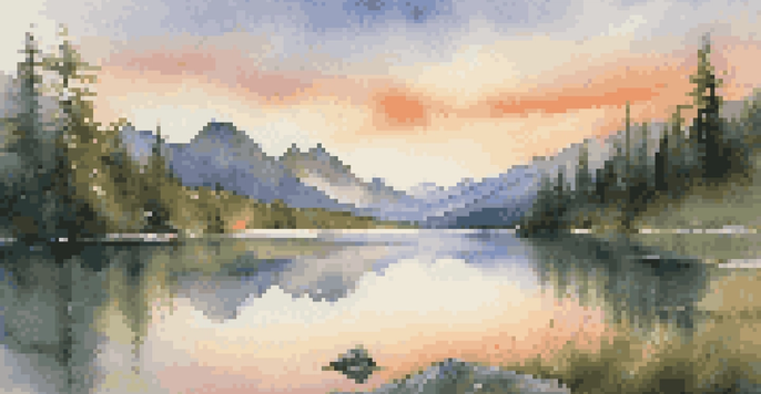 A beautiful mountain landscape at sunset with a lake reflecting the sky and a hiker enjoying the view.