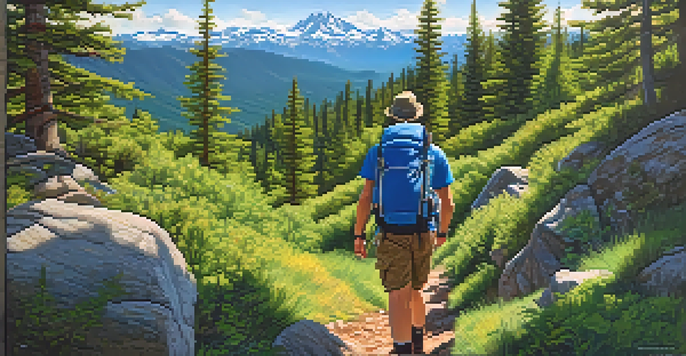 A hiker on a mountain trail with green forests and snow-capped peaks in the background, enjoying the view on a sunny day.