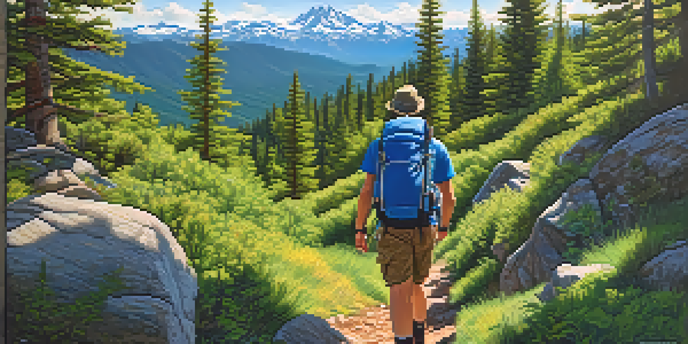 A hiker on a mountain trail with green forests and snow-capped peaks in the background, enjoying the view on a sunny day.