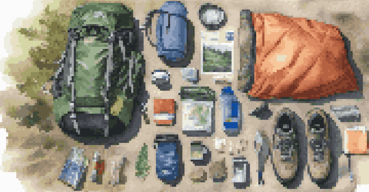 An organized backpack filled with camping gear, set against a natural rocky surface.