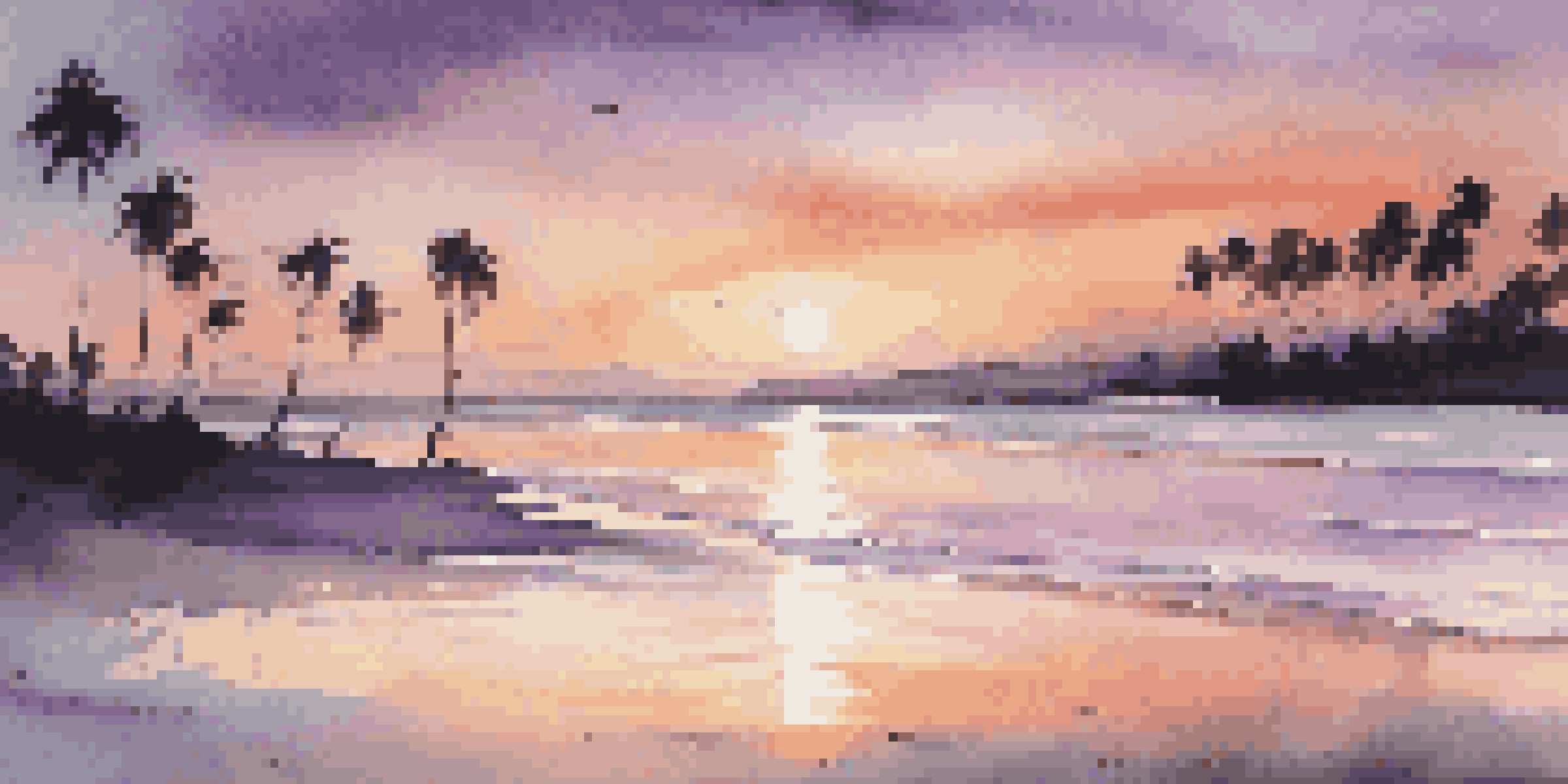 A picturesque beach at sunset, with colorful sky reflections on the water and palm trees in silhouette.