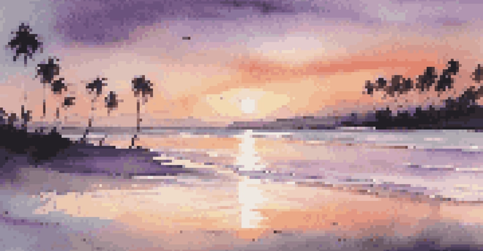 A picturesque beach at sunset, with colorful sky reflections on the water and palm trees in silhouette.