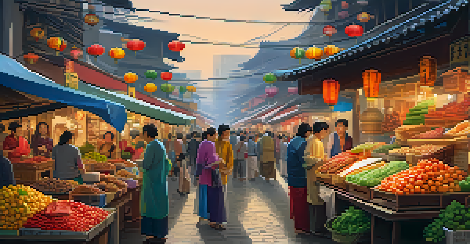 A lively street market in an Asian city, featuring colorful stalls and cheerful people.