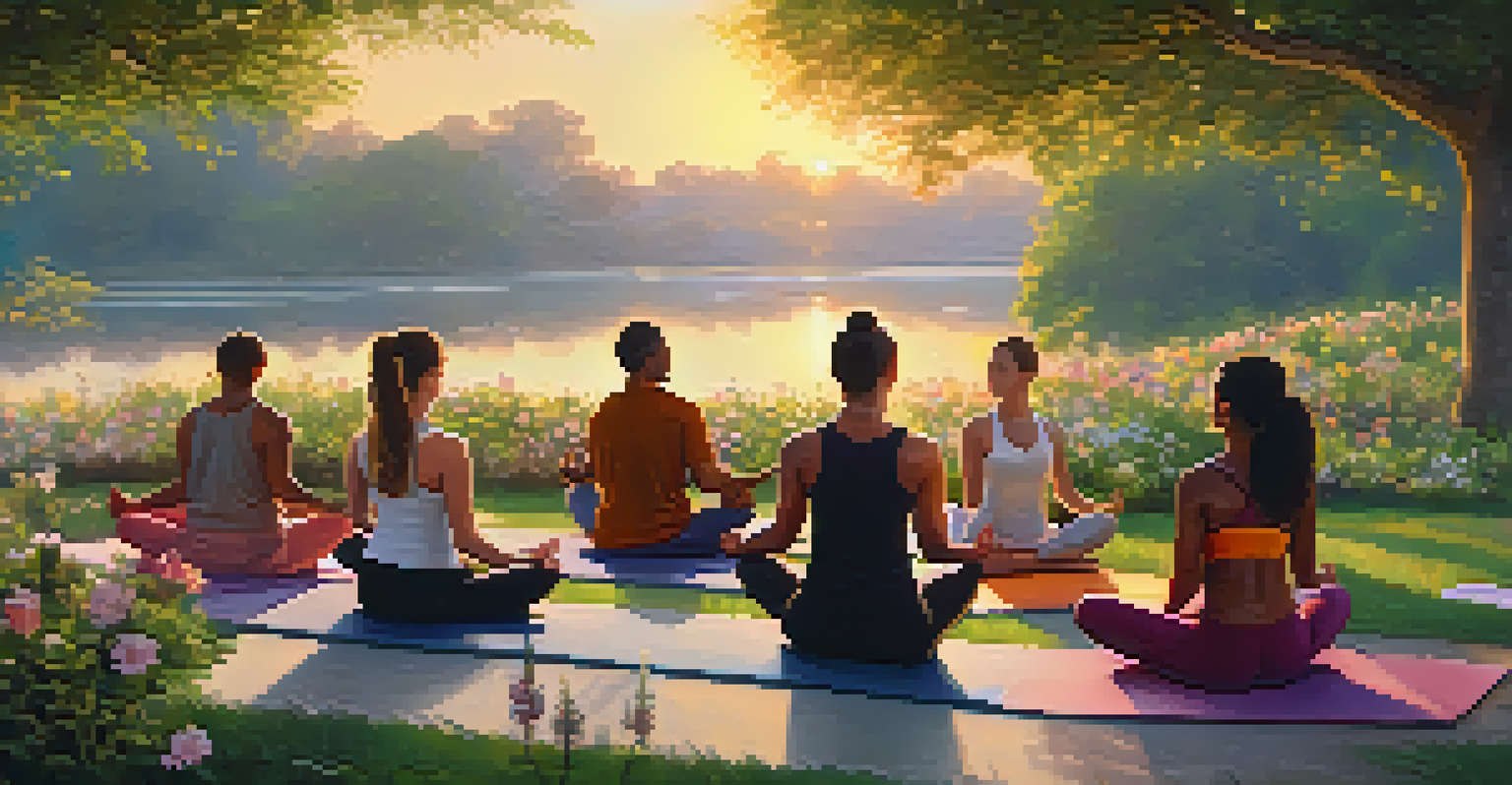 People practicing yoga outdoors at sunrise in a peaceful park, surrounded by greenery and flowers.