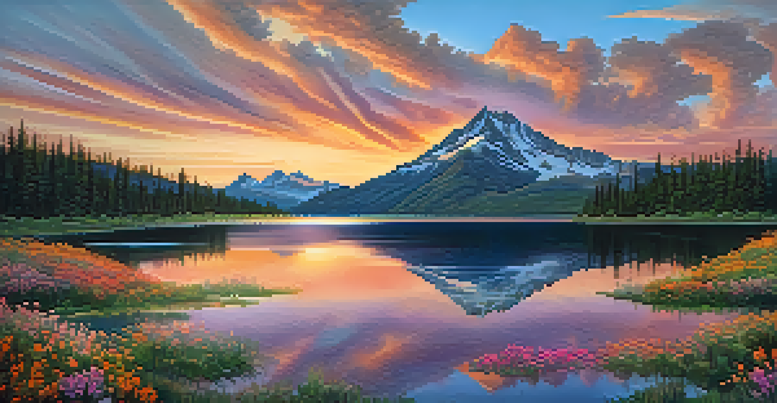 A breathtaking mountain landscape at golden hour, with a lake reflecting the vibrant sky and wildflowers in the foreground.