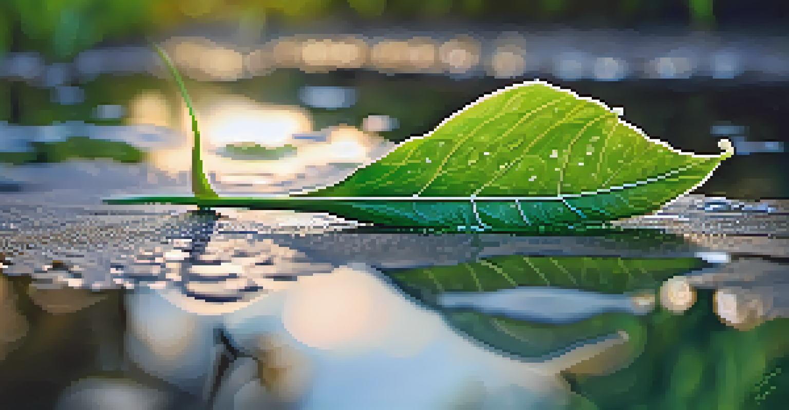 A close-up of a leaf on a puddle, reflecting flowers and grass with morning dew.