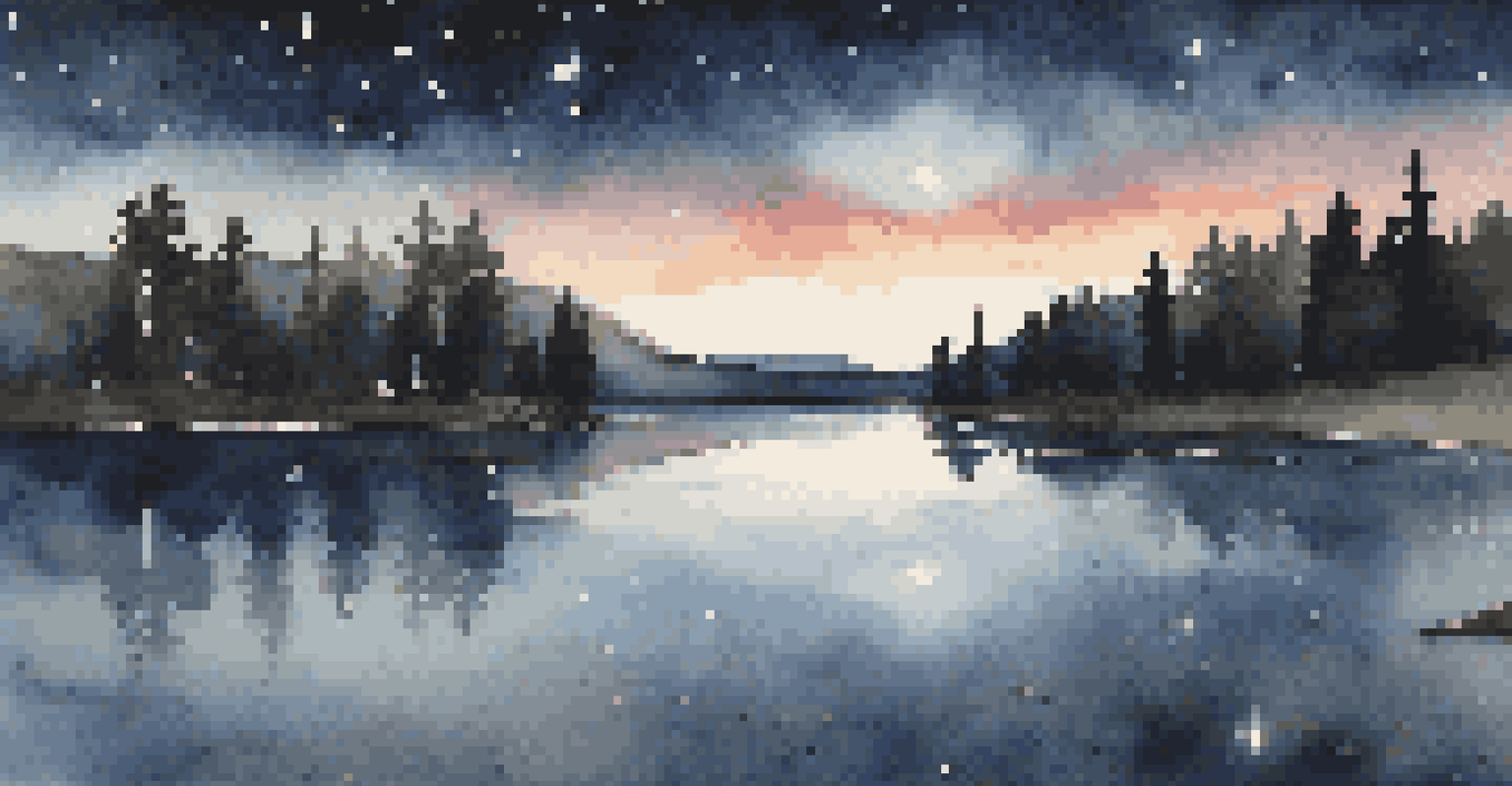 A tranquil midnight scene of a dark sky park with a calm lake reflecting a brilliant starry sky, along with scattered rocks on the shore.