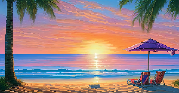 A beautiful beach during sunset with colorful towels, a straw hat, and a coconut drink surrounded by palm trees.